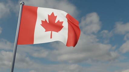 3D illustration of Canada flag waving in the wind on a background with sky. 3d rendering illustration