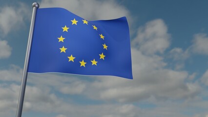 3D illustration of European Union flag waving in the wind on a background with sky. 3d rendering illustration
