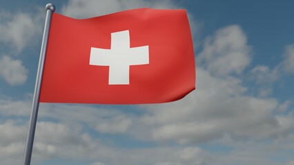3D illustration of Switzerland flag waving in the wind on a background with sky. 3d rendering...