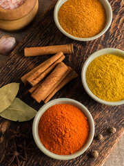seasonings for cooking spicy dishes on a wooden background.