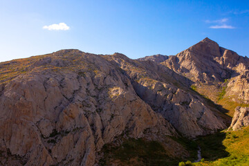 Beautiful nature of rocky mountains. Unusual landscape of nature. Trees among the rocks against the sky with clouds.