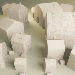 illustration of toy wooden houses in a row - street 3d render