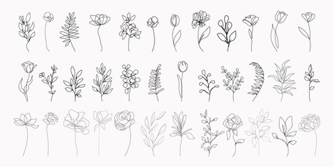 Obraz na płótnie Canvas Flowers Line Art Vector Illustrations Set for Prins, Social Media, Icons. Floral Trendy Templates Minimalist Style. Set of Abstract Flowers in Line Style. Hand Drawn Doodle Template Collection