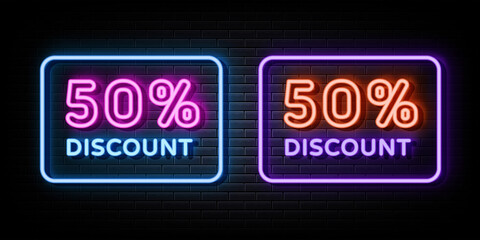 Discount 50 Percent Neon Signs Vector. Design Template Neon Style