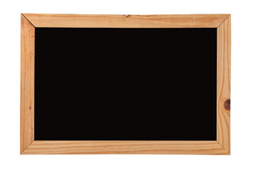 Closeup studio isolated shot of clean blank empty black screen chalkboard in wooden frame placed on white background for advertisement. School classroom lesson teaching learning studying blackboard