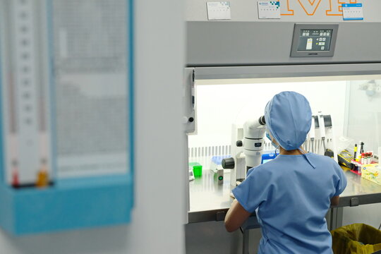 Almaty / Kazakhstan - 02.13.2019 : Artificial insemination clinic. Embryologists perform tests with human eggs.