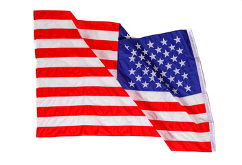Fototapeta premium Closeup studio isolated top view shot pride patriotism blue and red striped star American nation USA United States of America country national fabric clothing unity rippled flag on white background