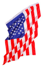 Closeup studio isolated top view shot pride patriotism blue and red striped star American nation USA United States of America country national fabric clothing unity rippled flag on white background