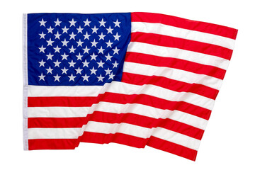 Closeup studio isolated top view shot pride patriotism blue and red striped star American nation USA United States of America country national fabric clothing unity rippled flag on white background
