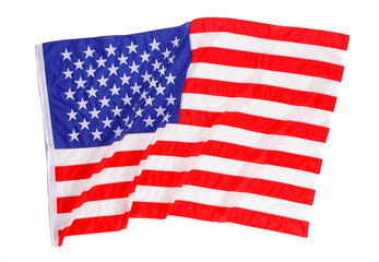 Closeup studio isolated top view shot pride patriotism blue and red striped star American nation USA United States of America country national fabric clothing unity rippled flag on white background