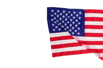 Closeup studio isolated top view shot pride patriotism blue and red striped star American nation USA United States of America country national fabric clothing unity rippled flag on white background