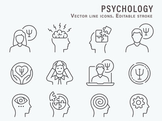 Psychology icon set. Collection of emotion, doctor, depression, mind and more. Vector illustration. Editable Stroke.