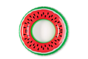 Top view closeup isolated studio shot of colorful red and green watermelon with black seeds round...