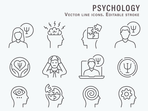 Psychology Icon Set. Collection Of Emotion, Doctor, Depression, Mind And More. Vector Illustration. Editable Stroke.