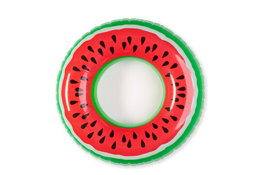 Top view closeup isolated studio shot of colorful red and green watermelon with black seeds round shape swimming pool lifesaver kid rubber ring using on sea beach vacation placed on white background