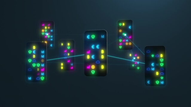 a large number of phones levitating in space on the display dynamically changing application icons. the concept of diversity and communication between the user and data exchange