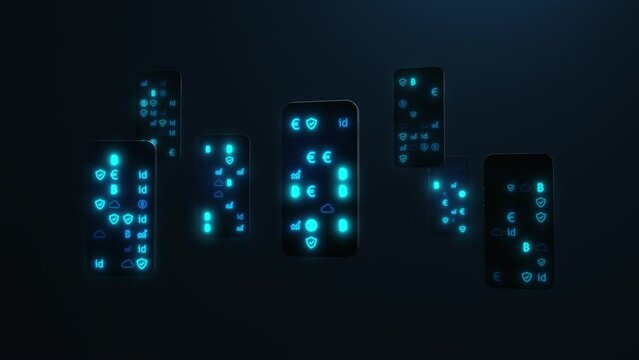 a large number of phones levitating in space on the display dynamically changing application icons. the concept of diversity and communication between the user and data exchange