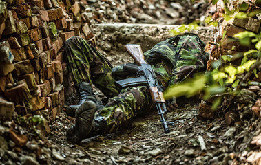 Dead soldier. Killed russian or ukrainian soldiers. Soldier kill. Battle of the military in the...