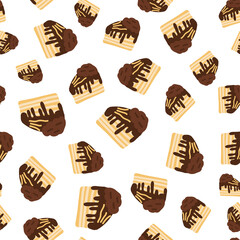 Cute and sweet chocolate cake seamless pattern background in doodles hand drawn style. Funny pastry and dessert bakery wallpaper with pie, tart, muffin for birthday, wrapping gift, card, print textile
