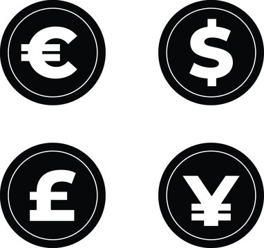 Money Symbol Black Circle Set on White, International Currency Icon Set, Money Symbol, Money Currency Sign, Dollar, Euro, Yen, Pound