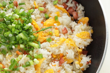 Chinese cooking, roasted pork and egg with green onion fried rice