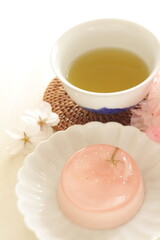 Japanese seasonal dessert, cherry blossom jelly with gold dust
