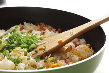 Chinese cooking, roasted pork and egg with green onion fried rice