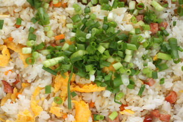 Chinese cooking, roasted pork and egg with green onion fried rice