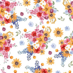 Seamless pattern with wildflowers and herbs, isolated on white background