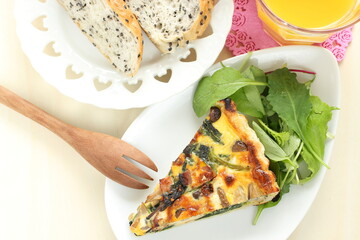 homemade French comfort food, mushroom and spinach quiche