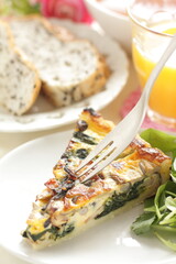 homemade French comfort food, mushroom and spinach quiche
