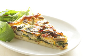homemade French comfort food, mushroom and spinach quiche