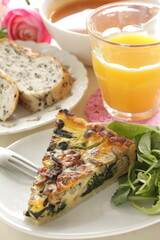 homemade French comfort food, mushroom and spinach quiche