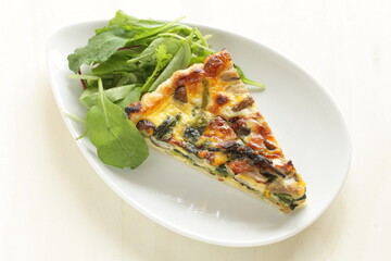 homemade French comfort food, mushroom and spinach quiche