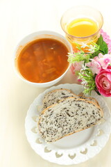 Homemade minestrone soup and black sesame seed bread