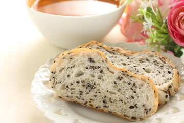 Homemade minestrone soup and black sesame seed bread