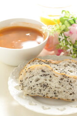 Homemade minestrone soup and black sesame seed bread