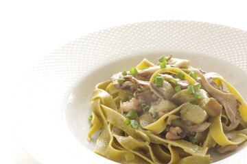 Homemade Italian food, eggplant and mushroom with spinach fettuccine 