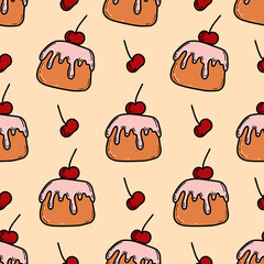 Cake with cherry seamless pattern. Cake sweet dessert for holiday. Vector illustration
