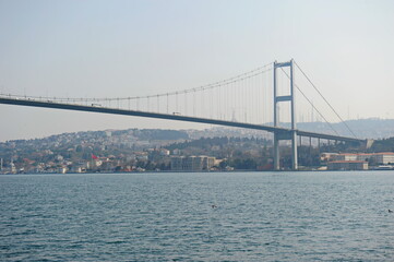 Istanbul / Turkey - 02.28.2017 : Coastal zone and architecture of the Bosphorus Strait. A bridge connecting Europe and Asia.