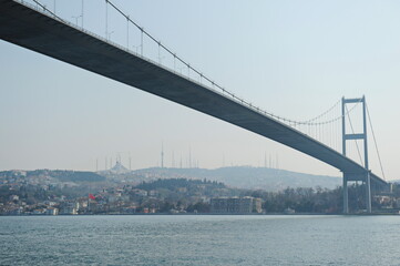 Istanbul / Turkey - 02.28.2017 : Coastal zone and architecture of the Bosphorus Strait. A bridge connecting Europe and Asia.