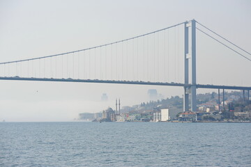 Istanbul / Turkey - 02.28.2017 : Coastal zone and architecture of the Bosphorus Strait. A bridge connecting Europe and Asia.