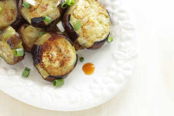 Chinese food, grilled eggplant served with soy sauce and green onion