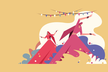 Illustration of young girls celebrating Holi by dancing in splash of colours