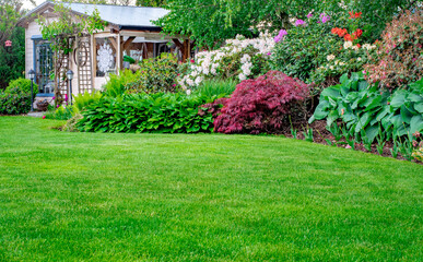 Naklejka premium Ogród pełen pięknych kwitnących różaneczników, funki, klonów palmowych i pięknego zadbanego trawnika oraz altanką jako miejscem do wypoczynku w ogrodzie
