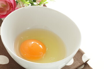 raw egg in white bowl with copy space