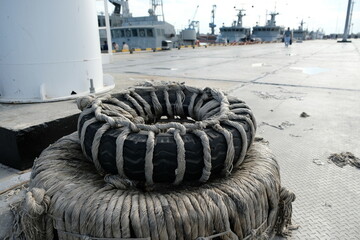 Aktau / Kazakhstan - 08.16.2018 : Rescue equipment with ropes on the pier