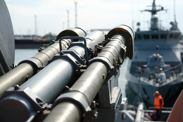 Aktau / Kazakhstan - 08.16.2018 : Ships with military Arsenal sail from the pier