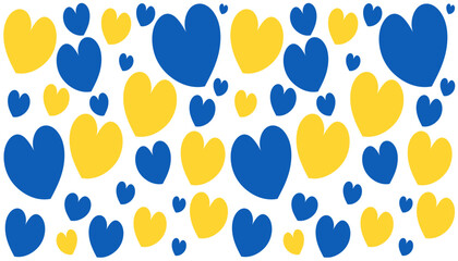 Yellow and blue hearts. Heart icon with colors of Ukrainian flag. Crisis in Ukraine. Vector illustration. Transparent wide panorama background.