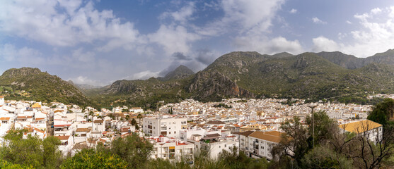 panorama view of the idyllic whitewashed Andalusian town of Ubrique in the Los Alcornocales Nature Park